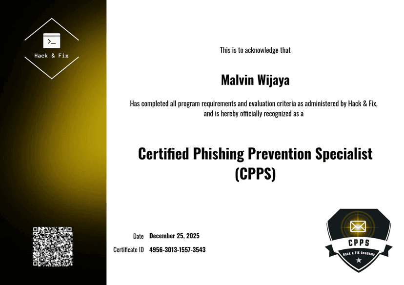 Certificate: Certified Phishing Prevention Specialist (CPPS) — Hack & Fix Academy