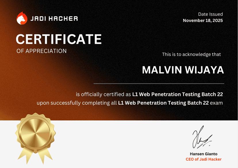 Certificate: L1 Web Penetration Testing — Batch 22 — Jadi Hacker